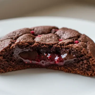 Close-up of a broken Chocolate Raspberry Cookie, revealing gooey dark chocolate and a vibrant raspberry inside.