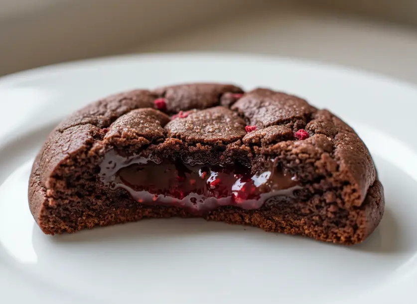 Close-up of a broken Chocolate Raspberry Cookie, revealing gooey dark chocolate and a vibrant raspberry inside.