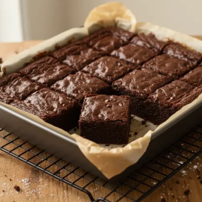 A full pan of freshly baked fudgy brownies, cut into neat squares, on a wire cooling rack, ready to be enjoyed.