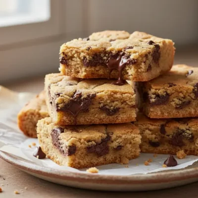 Close-up macro of stacked Chocolate Chip Cookie Bars showing gooey chocolate and soft texture, irresistible for a quick treat.