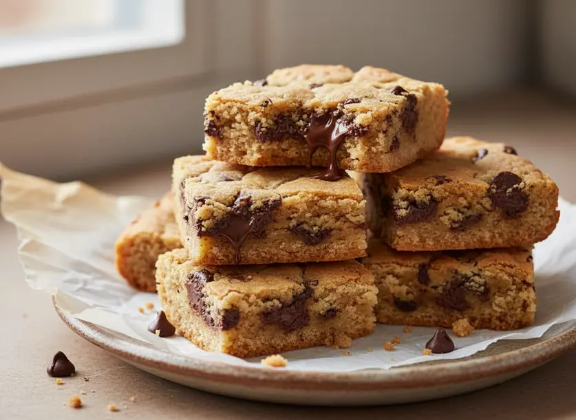 Close-up macro of stacked Chocolate Chip Cookie Bars showing gooey chocolate and soft texture, irresistible for a quick treat.