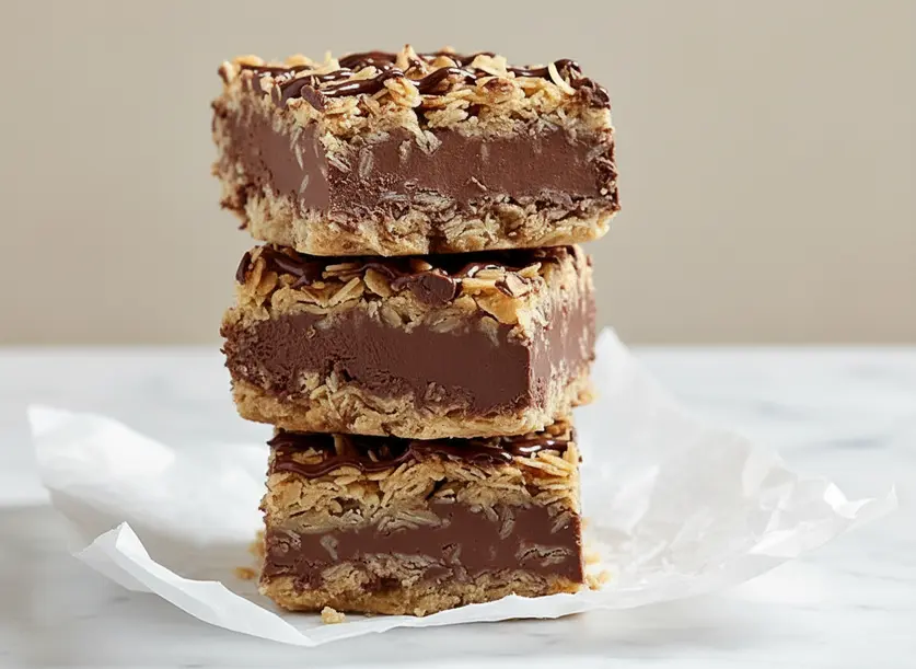 Close-up of a stacked trio of rich no bake chocolate oatmeal bars, showcasing their gooey center.