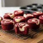Red Velvet Brownie Bites with cream cheese swirls cooling on a wire rack on an aged oak board.