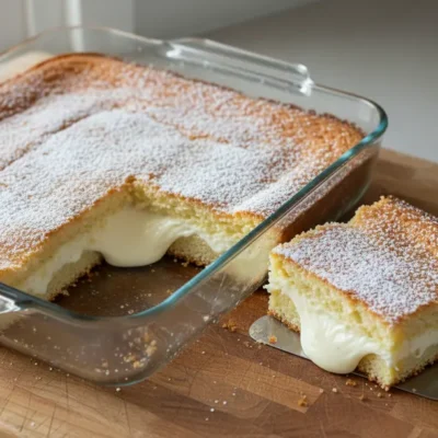 A freshly baked St. Louis Gooey Butter Cake in a glass pan, with a slice removed to reveal its signature golden top and irresistible gooey, creamy interior, dusted with powdered sugar.