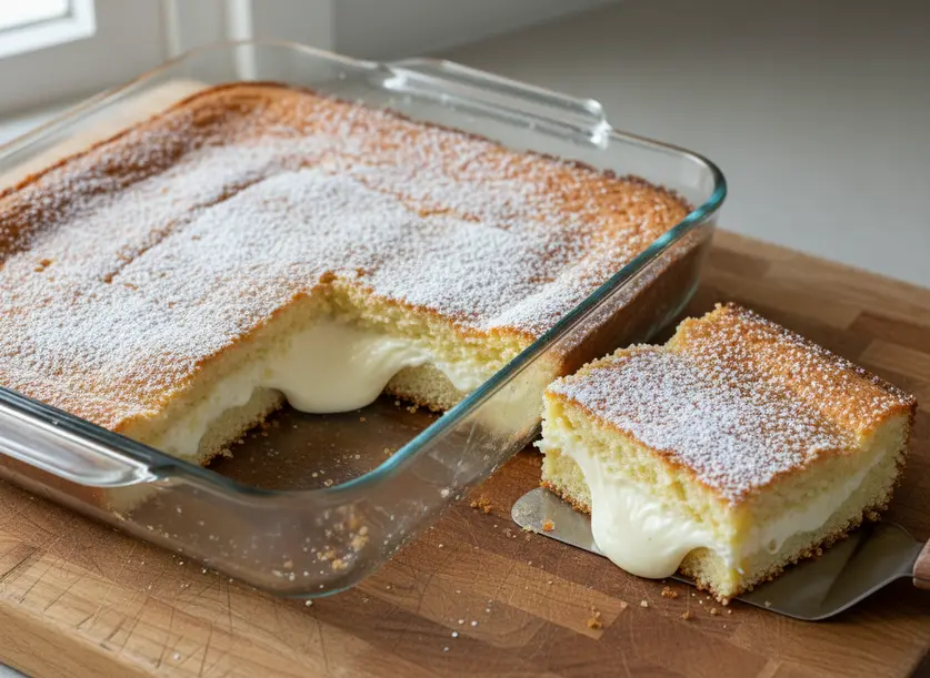 A freshly baked St. Louis Gooey Butter Cake in a glass pan, with a slice removed to reveal its signature golden top and irresistible gooey, creamy interior, dusted with powdered sugar.